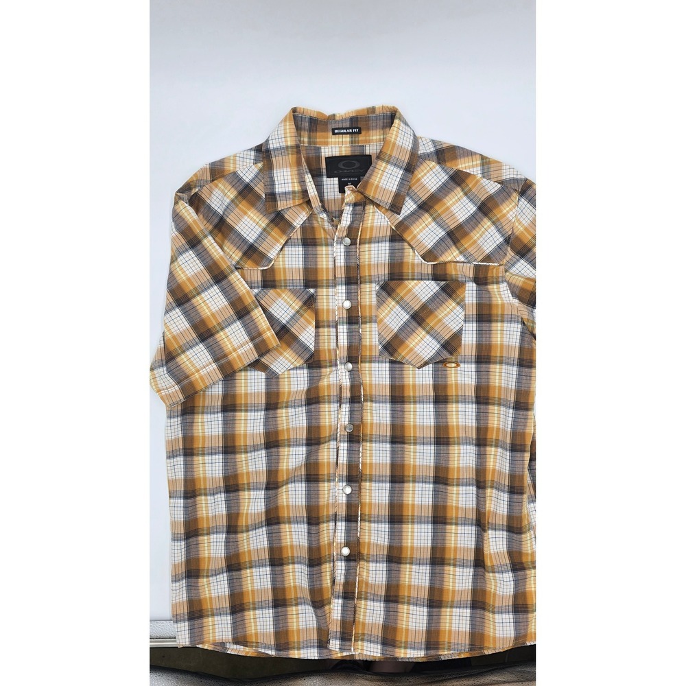Oakley Mens Short‎ Sleeve Plaid Button Down Western Shirt Yellow Brown Size M